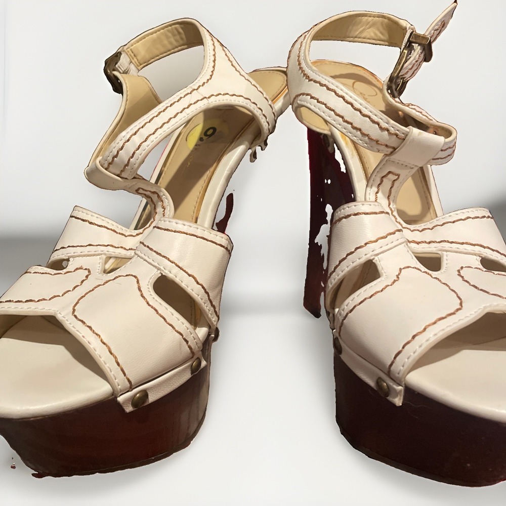 Jessica Simpson White High Heel Platform Leather Wood Sandal Strappy Bronze Sz 9